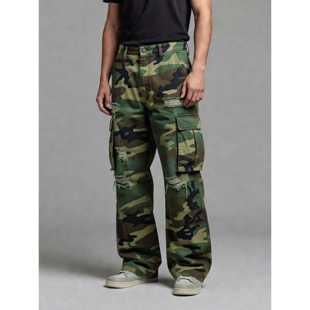 Supermade Distressed Camo Cargo Pants  XXL Green Woodland Wide Leg Streetwear